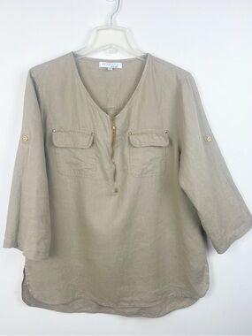 Ellen Tracy 100% Linen Tunic Top Large Neutral Beige Coastal Chic Quiet Luxury
